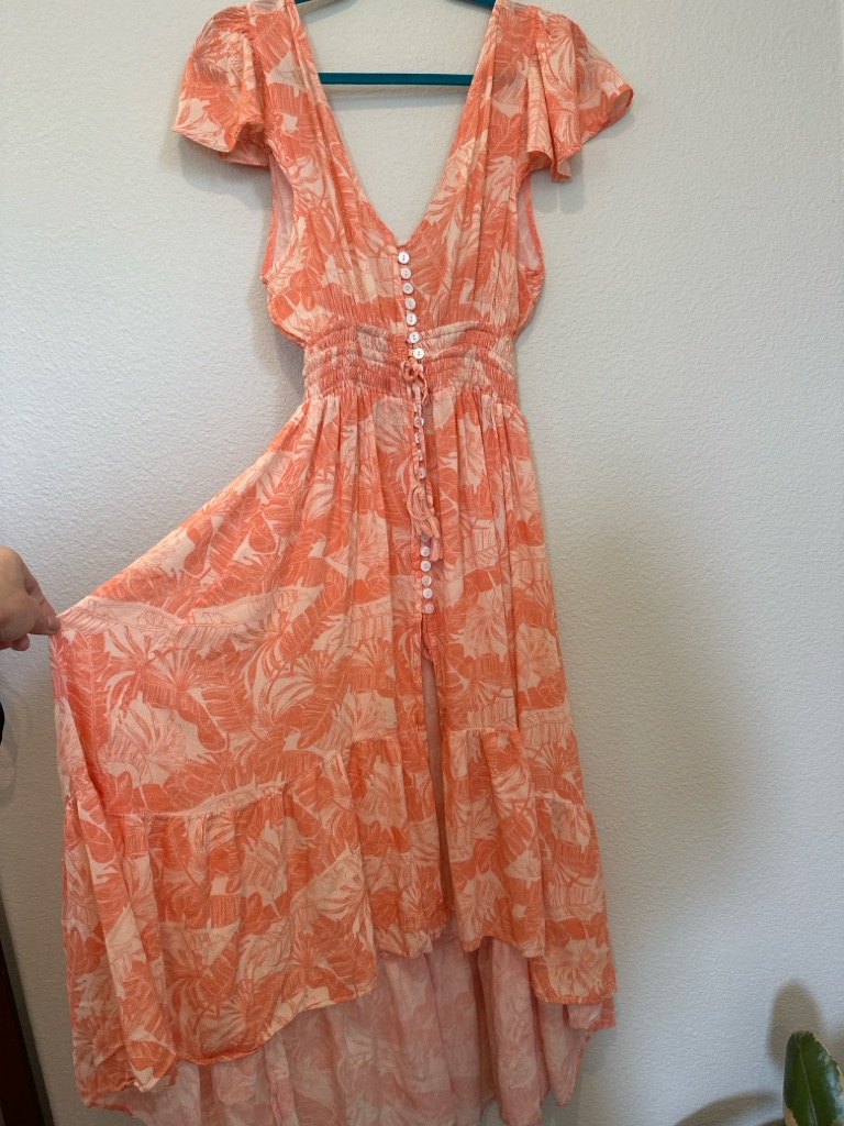 Tiare Hawaii Coral Tropical Maxi Dress Open Back Button Front Boho Resort S/M